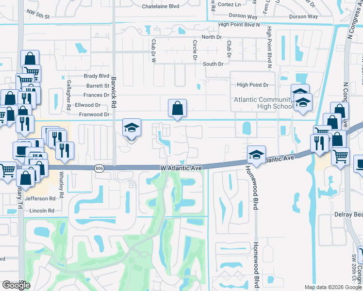 map of restaurants, bars, coffee shops, grocery stores, and more near 4132 Northwest 2nd Street in Delray Beach