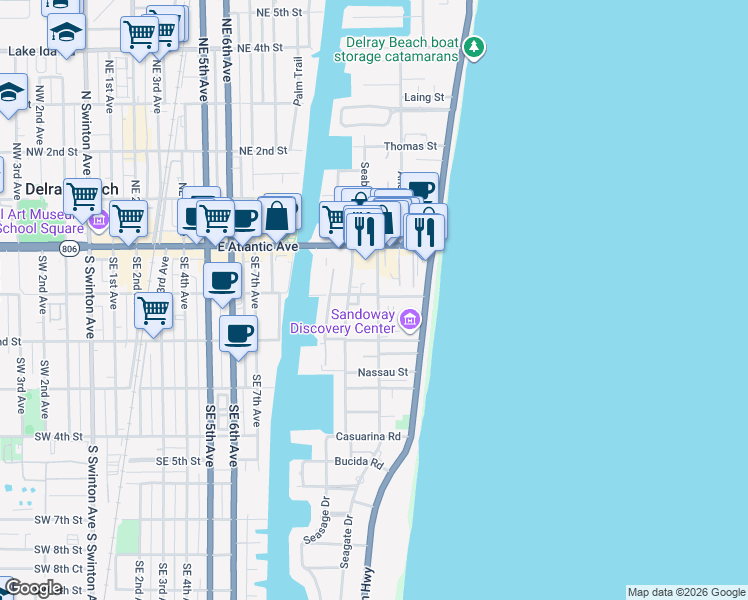 map of restaurants, bars, coffee shops, grocery stores, and more near 100 Gleason Street in Delray Beach