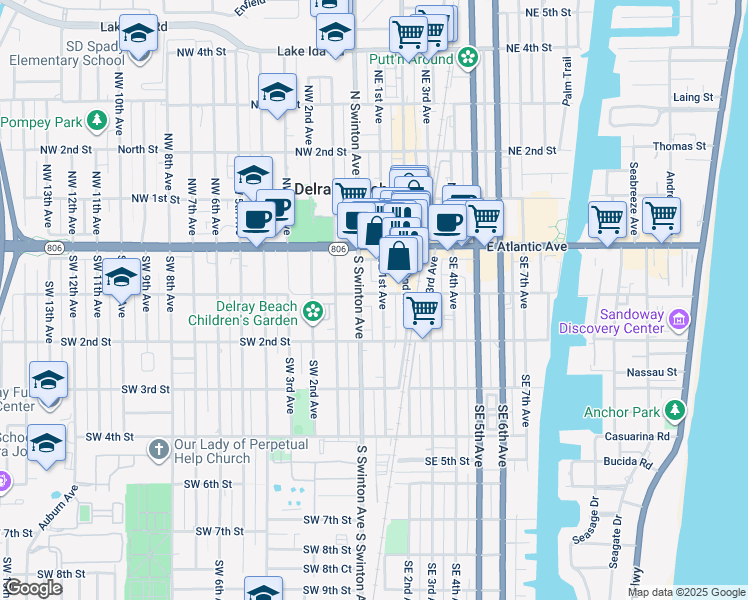 map of restaurants, bars, coffee shops, grocery stores, and more near 45 South Swinton Avenue in Delray Beach