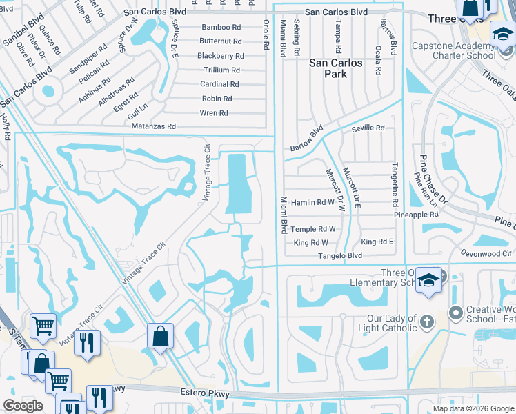 map of restaurants, bars, coffee shops, grocery stores, and more near 19279 La Serena Drive in Fort Myers