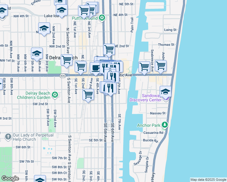 map of restaurants, bars, coffee shops, grocery stores, and more near 98 Florida 5 in Delray Beach