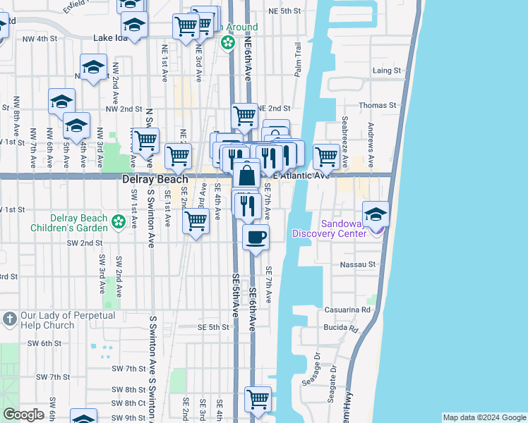 map of restaurants, bars, coffee shops, grocery stores, and more near 707 Southeast 1st Street in Delray Beach