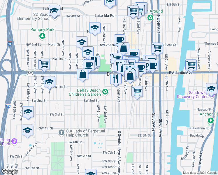 map of restaurants, bars, coffee shops, grocery stores, and more near 101a Southwest 1st Street in Boynton Beach