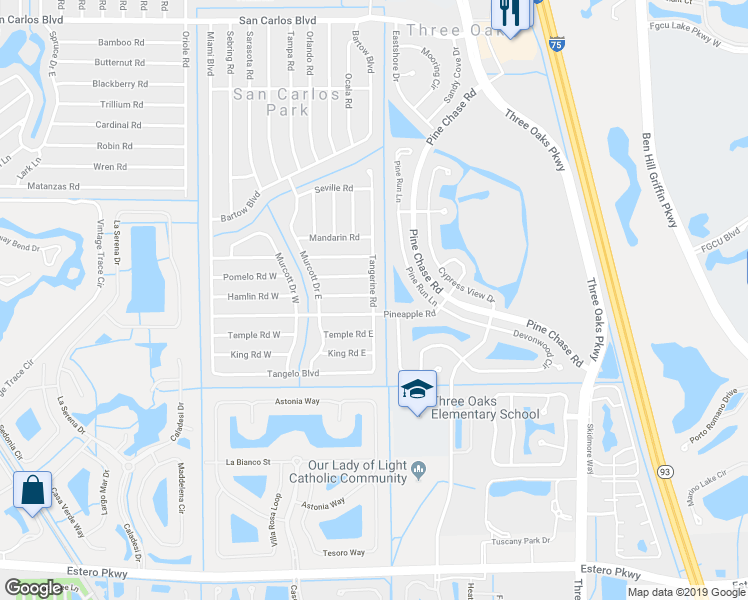 map of restaurants, bars, coffee shops, grocery stores, and more near 9225 Hamlin Road East in Fort Myers