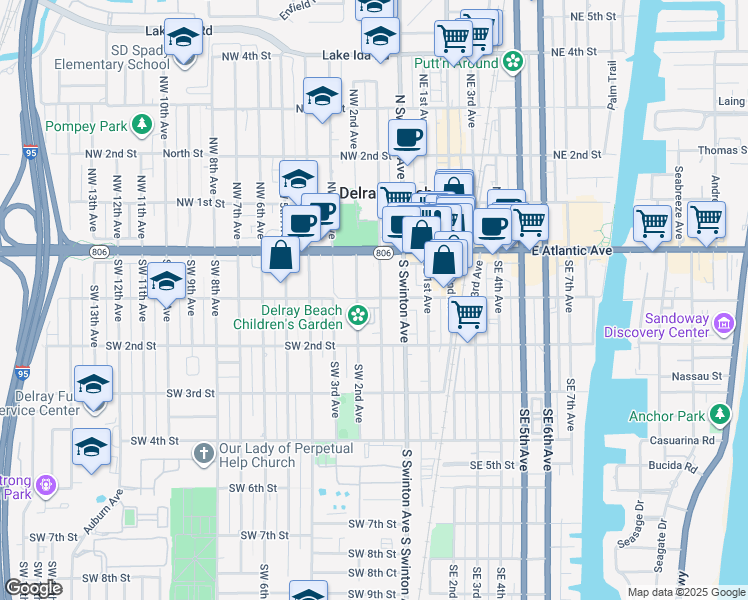 map of restaurants, bars, coffee shops, grocery stores, and more near 101a Southwest 1st Street in Boynton Beach