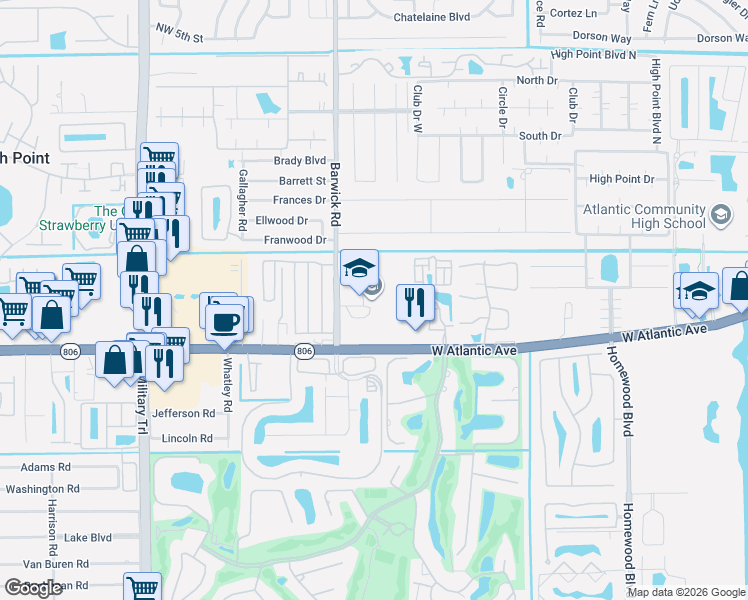 map of restaurants, bars, coffee shops, grocery stores, and more near 101 Barwick Rd in Delray Beach