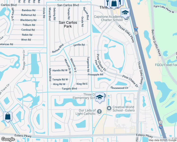 map of restaurants, bars, coffee shops, grocery stores, and more near 19143 Tangerine Road in Fort Myers