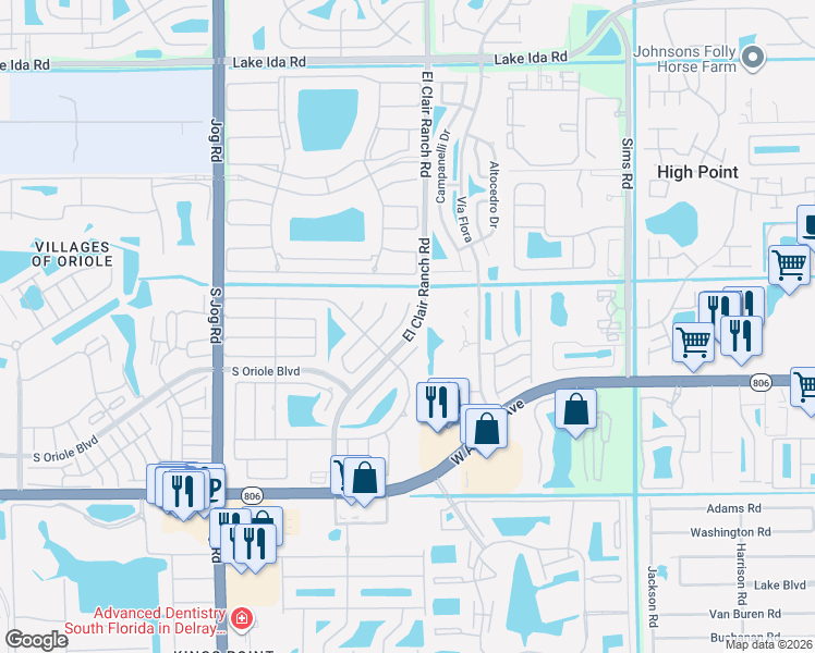 map of restaurants, bars, coffee shops, grocery stores, and more near 14574 Shadow Wood Lane in Delray Beach
