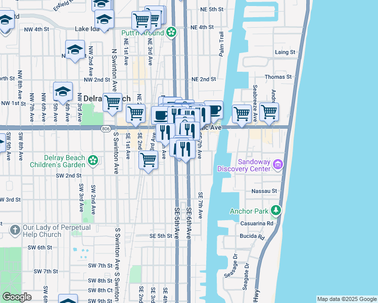map of restaurants, bars, coffee shops, grocery stores, and more near 98 Florida 5 in Delray Beach