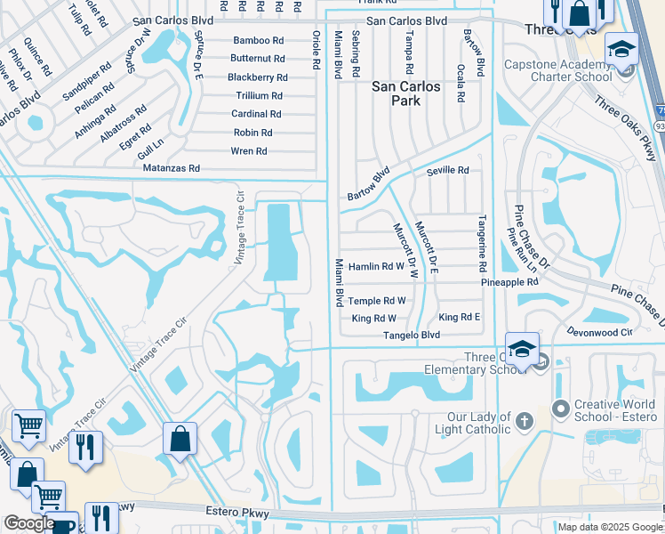 map of restaurants, bars, coffee shops, grocery stores, and more near 19284 La Serena Drive in Fort Myers