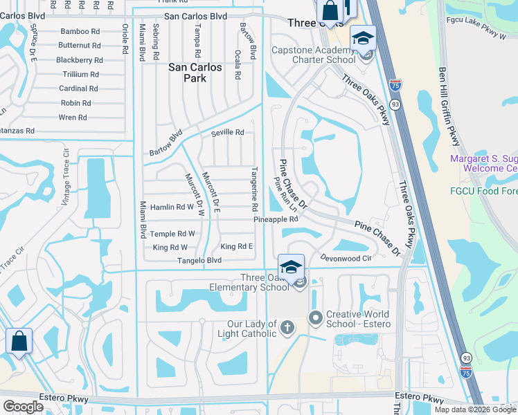 map of restaurants, bars, coffee shops, grocery stores, and more near 19143 Tangerine Road in Fort Myers