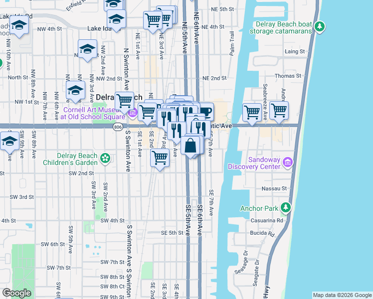 map of restaurants, bars, coffee shops, grocery stores, and more near 407 Southeast 1st Street in Delray Beach
