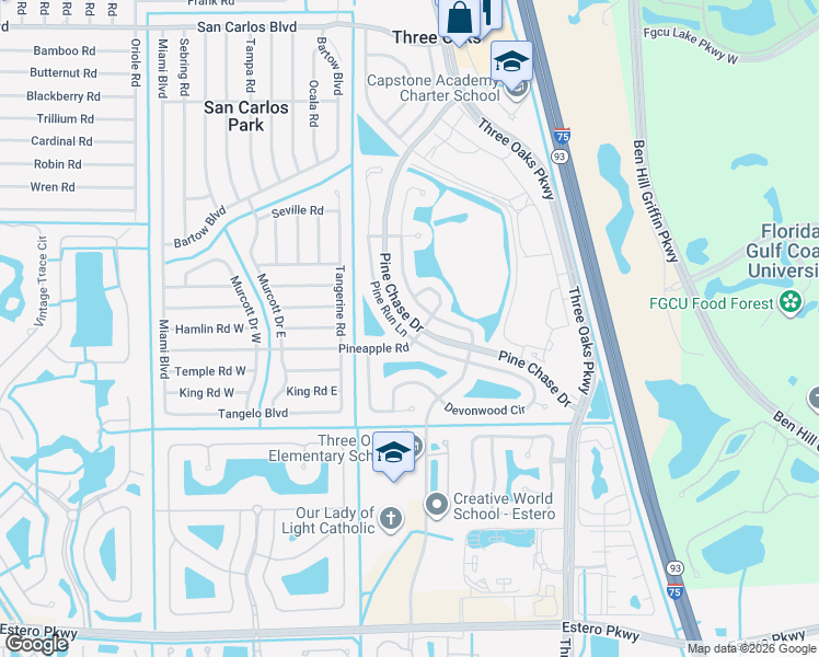 map of restaurants, bars, coffee shops, grocery stores, and more near 19233 Pine Run Lane in Fort Myers