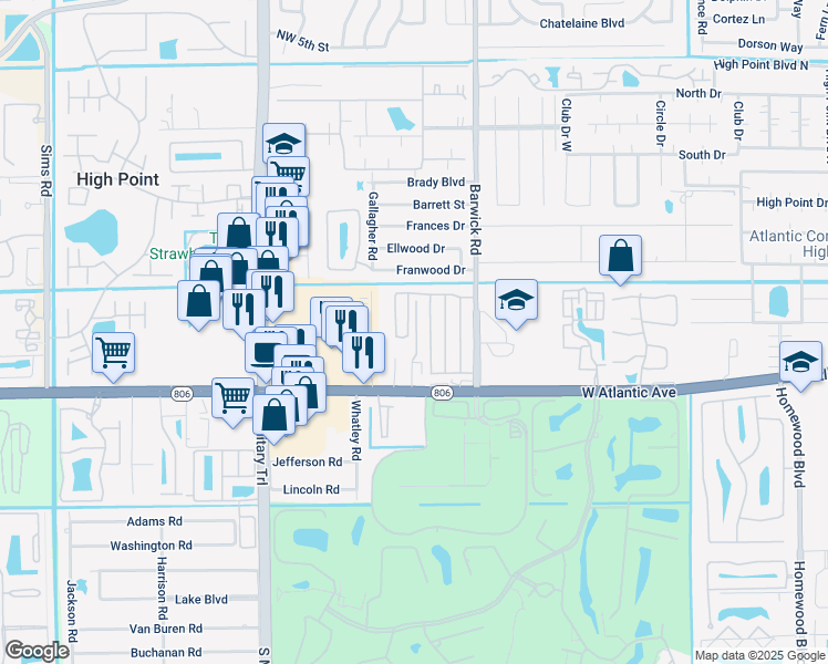map of restaurants, bars, coffee shops, grocery stores, and more near 14585 Sunset Pine Drive in Delray Beach