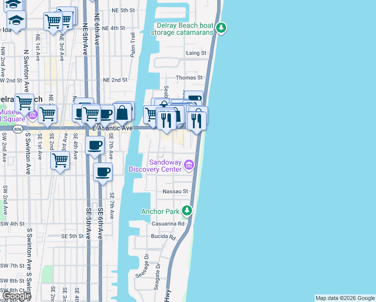 map of restaurants, bars, coffee shops, grocery stores, and more near 1127 Miramar Drive in Delray Beach