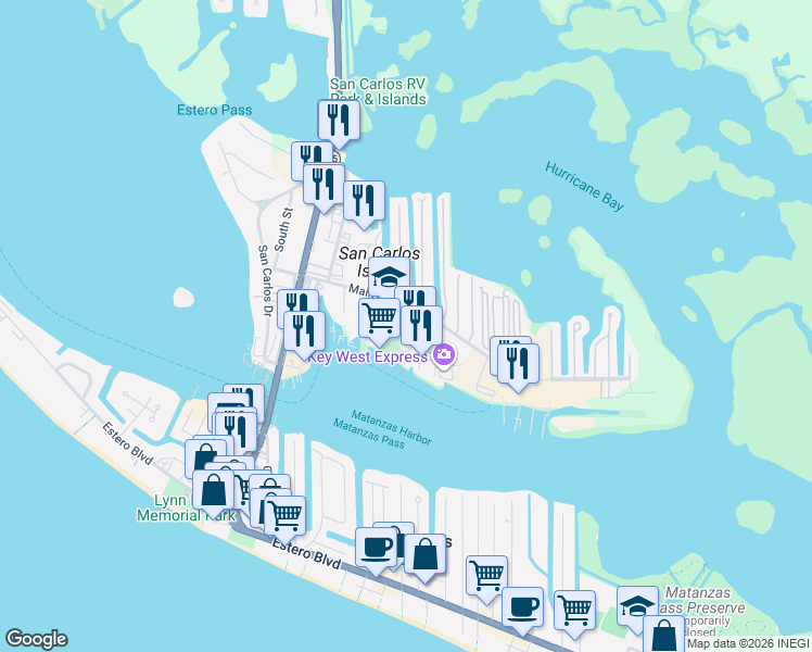 map of restaurants, bars, coffee shops, grocery stores, and more near 782 Oak Street in Fort Myers Beach