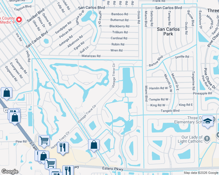 map of restaurants, bars, coffee shops, grocery stores, and more near 19599 Vintage Trace Circle in Fort Myers