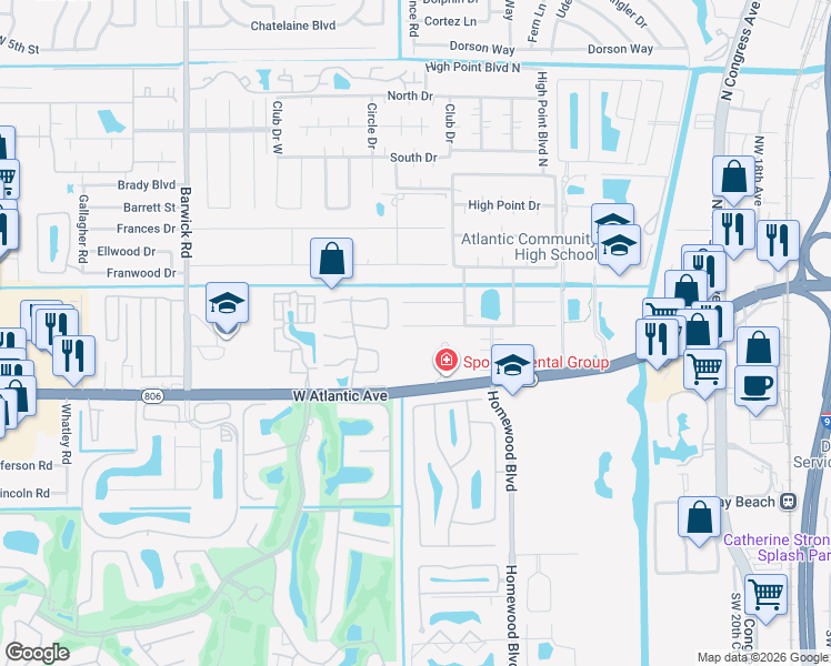 map of restaurants, bars, coffee shops, grocery stores, and more near 222 West High Point Terrace in Delray Beach