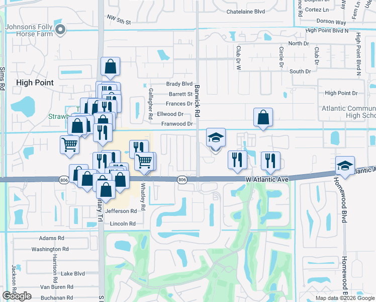 map of restaurants, bars, coffee shops, grocery stores, and more near 14599 Elmhurst Drive in Delray Beach
