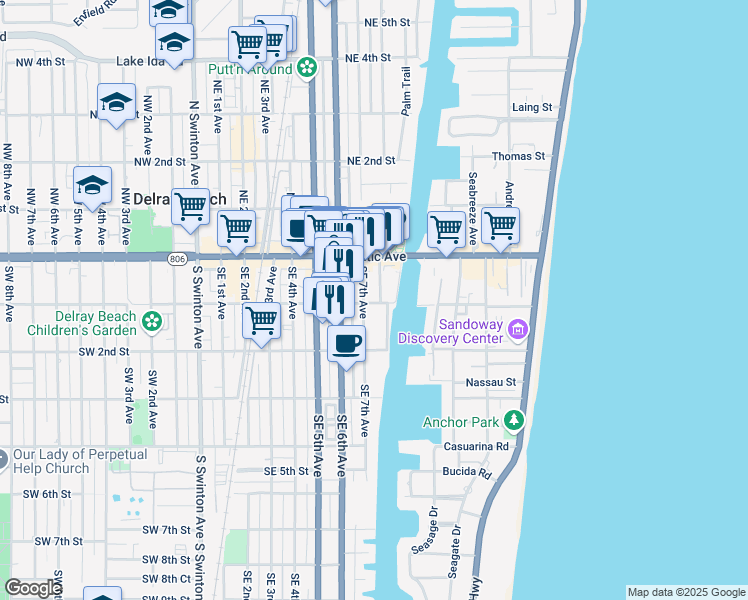 map of restaurants, bars, coffee shops, grocery stores, and more near 707 Southeast 1st Street in Delray Beach