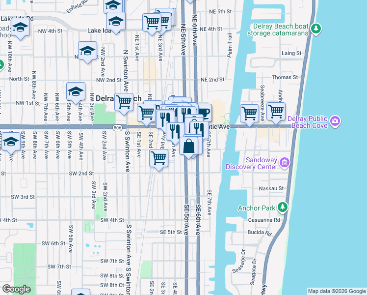 map of restaurants, bars, coffee shops, grocery stores, and more near 407 Southeast 1st Street in Delray Beach