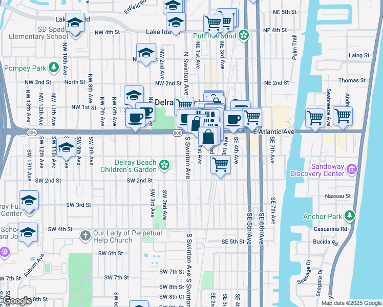 map of restaurants, bars, coffee shops, grocery stores, and more near 45 South Swinton Avenue in Delray Beach