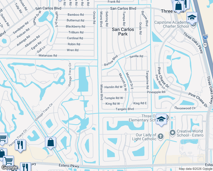 map of restaurants, bars, coffee shops, grocery stores, and more near 9033 Hamlin Road West in Fort Myers