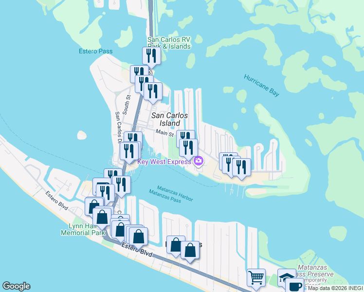 map of restaurants, bars, coffee shops, grocery stores, and more near 782 Oak Street in Fort Myers Beach
