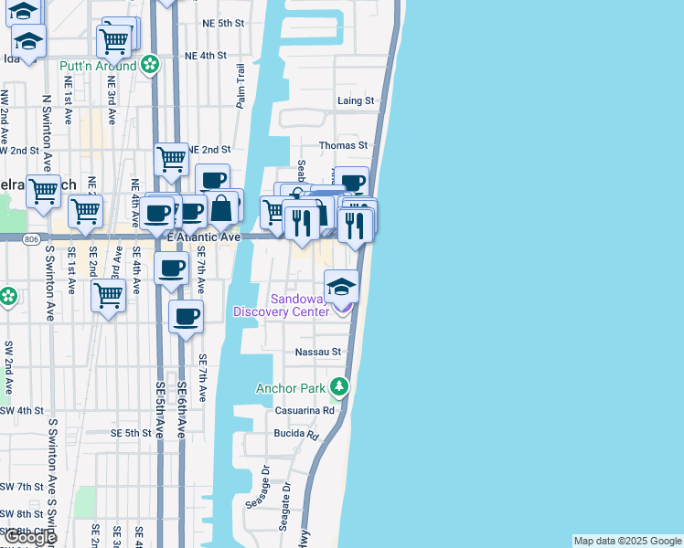 map of restaurants, bars, coffee shops, grocery stores, and more near 1127 Miramar Drive in Delray Beach