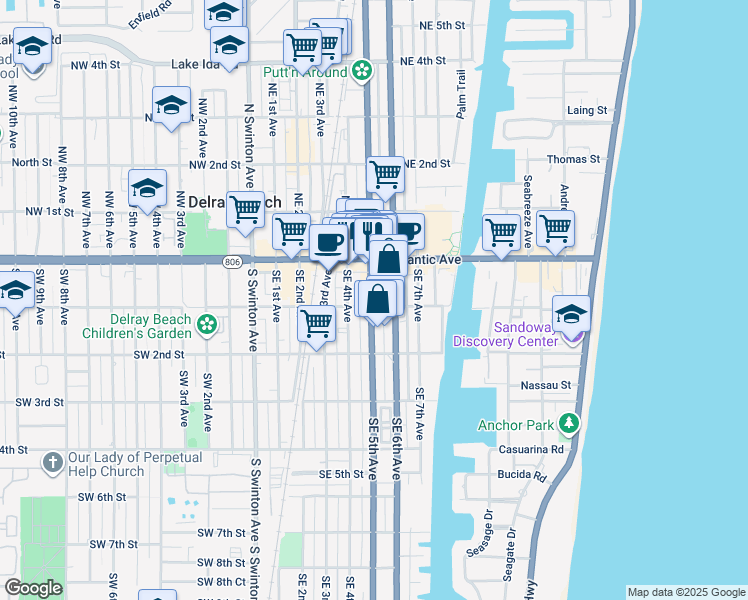 map of restaurants, bars, coffee shops, grocery stores, and more near 407 Southeast 1st Street in Delray Beach