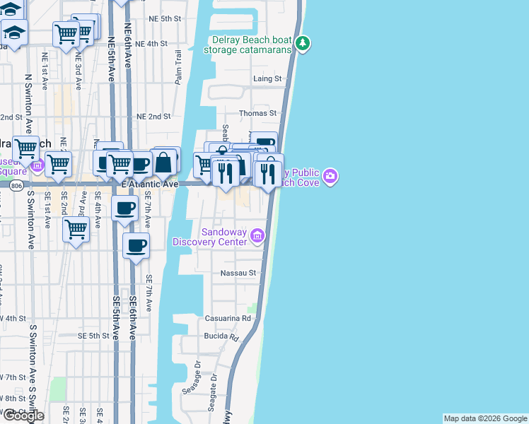 map of restaurants, bars, coffee shops, grocery stores, and more near 88 South Ocean Boulevard in Delray Beach