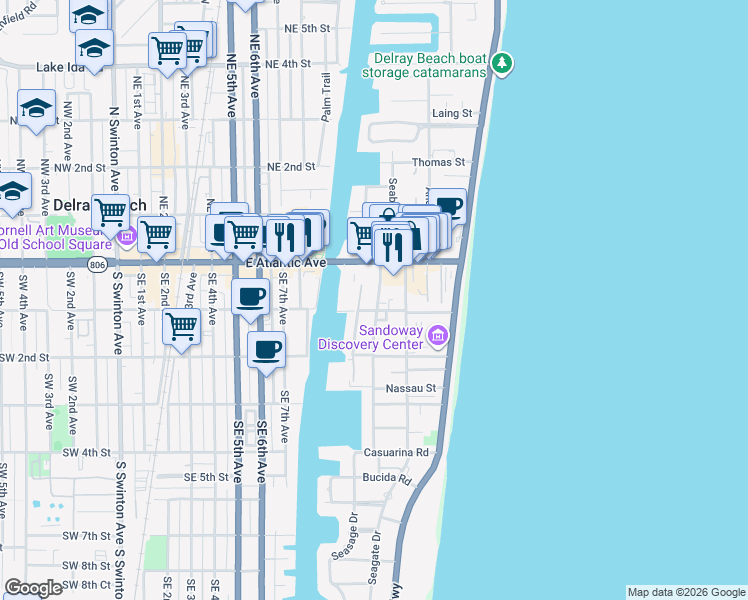 map of restaurants, bars, coffee shops, grocery stores, and more near 80 Venetian Drive in Delray Beach
