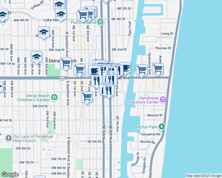 map of restaurants, bars, coffee shops, grocery stores, and more near 98 Florida 5 in Delray Beach