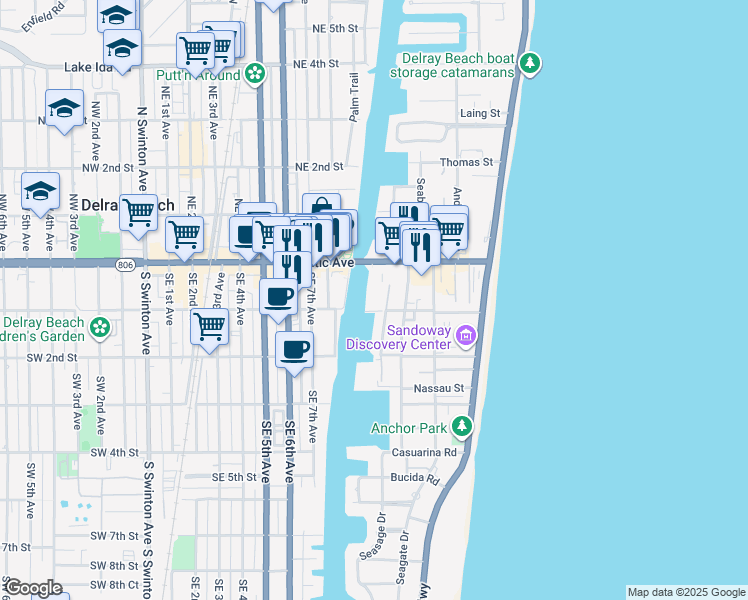 map of restaurants, bars, coffee shops, grocery stores, and more near 86 Mac Farlane Drive in Delray Beach