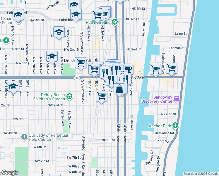 map of restaurants, bars, coffee shops, grocery stores, and more near 407 Southeast 1st Street in Delray Beach