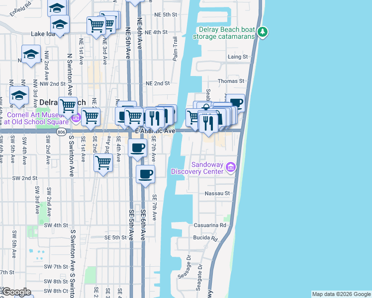 map of restaurants, bars, coffee shops, grocery stores, and more near 107 Mac Farlane Drive in Delray Beach