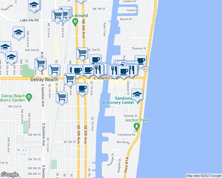 map of restaurants, bars, coffee shops, grocery stores, and more near 107 Mac Farlane Drive in Delray Beach