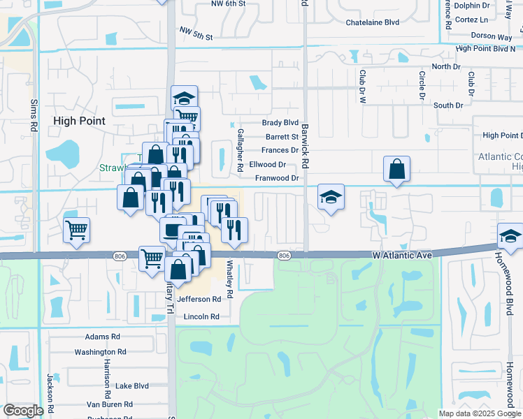 map of restaurants, bars, coffee shops, grocery stores, and more near 14585 Sunset Pine Drive in Delray Beach