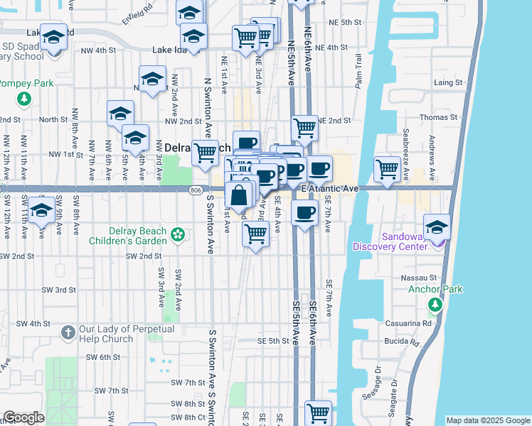 map of restaurants, bars, coffee shops, grocery stores, and more near 252 Southeast 1st Street in Delray Beach