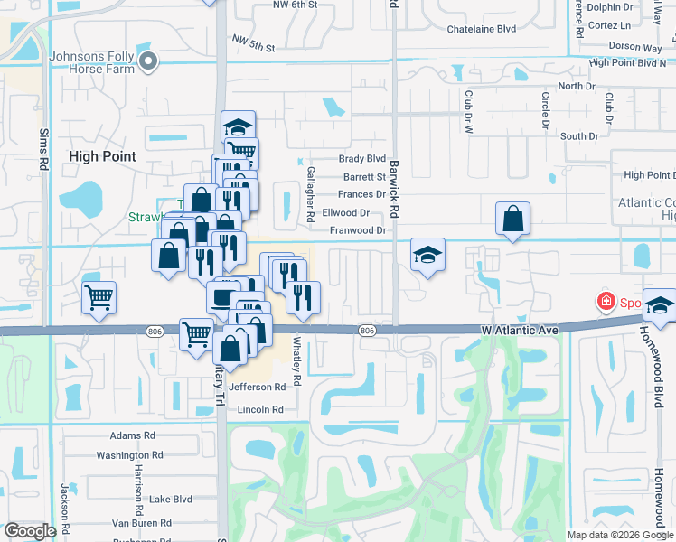 map of restaurants, bars, coffee shops, grocery stores, and more near 14539 Wood Pine Drive in Delray Beach