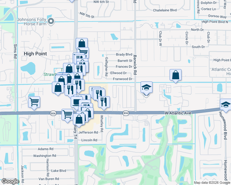 map of restaurants, bars, coffee shops, grocery stores, and more near 14539 Wood Pine Drive in Delray Beach
