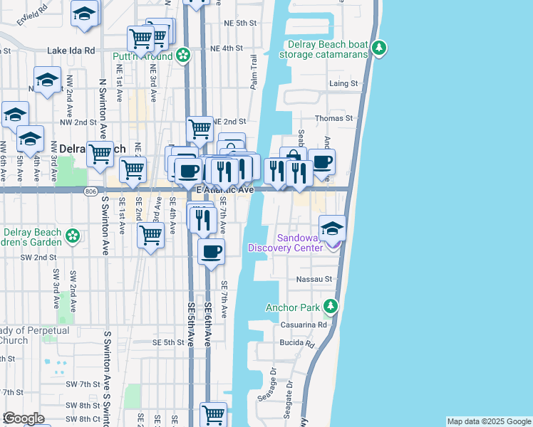 map of restaurants, bars, coffee shops, grocery stores, and more near 86 Mac Farlane Drive in Delray Beach