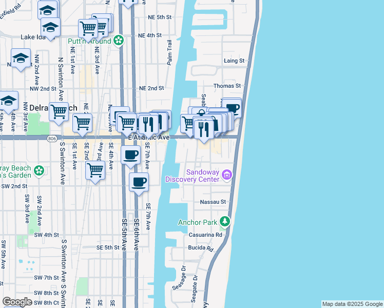 map of restaurants, bars, coffee shops, grocery stores, and more near 107 Mac Farlane Drive in Delray Beach
