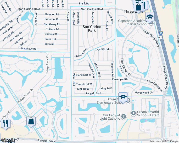 map of restaurants, bars, coffee shops, grocery stores, and more near 9100 Pomelo Road West in Fort Myers