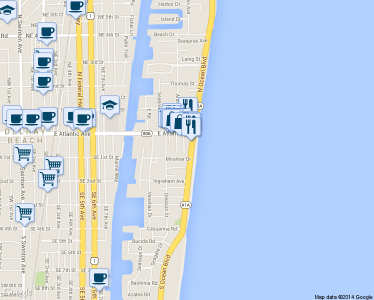 map of restaurants, bars, coffee shops, grocery stores, and more near 1127 Miramar Drive in Delray Beach