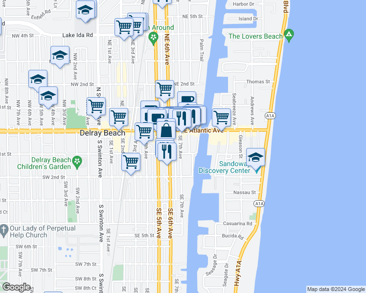 map of restaurants, bars, coffee shops, grocery stores, and more near 707 Southeast 1st Street in Delray Beach