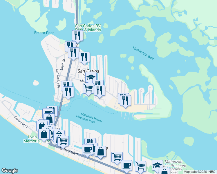 map of restaurants, bars, coffee shops, grocery stores, and more near 2 Helen Lane in Fort Myers Beach