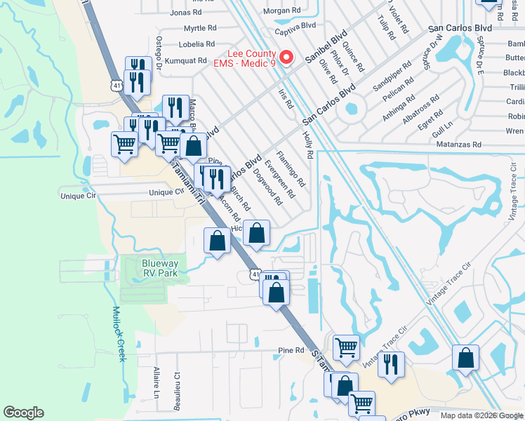 map of restaurants, bars, coffee shops, grocery stores, and more near 19173 Birch Road in Fort Myers