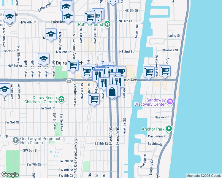 map of restaurants, bars, coffee shops, grocery stores, and more near 407 Southeast 1st Street in Delray Beach