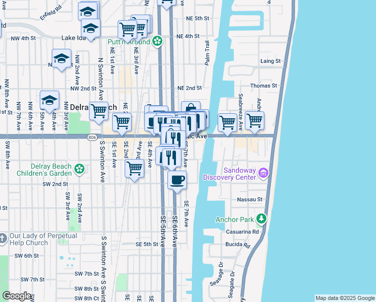 map of restaurants, bars, coffee shops, grocery stores, and more near 707 Southeast 1st Street in Delray Beach